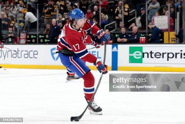Montreal Canadiens right wing Josh Anderson shoots in warm up before a game between the Boston Bruins and the Montreal Canadiens on January 20 at TD...