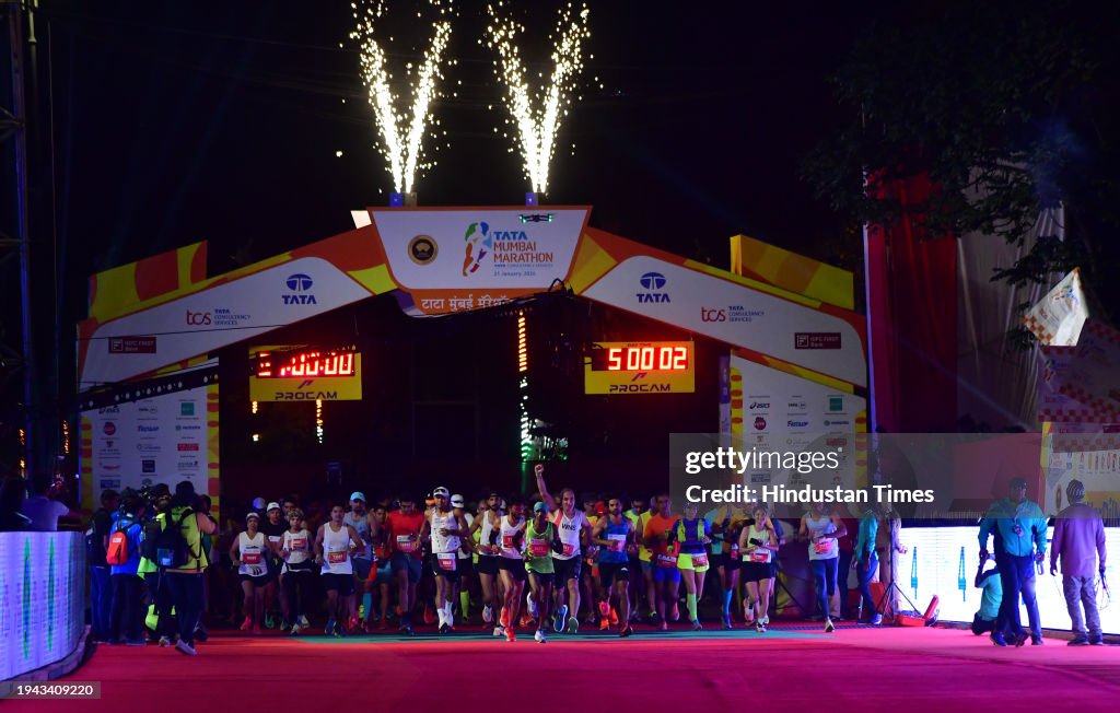 Participants run during the TATA Mumbai Marathon 2025, on January 21