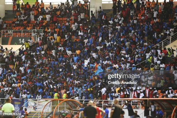 Supporters are seen during the Africa Cup of Nations 2023 Group F football match between Morocco and Democratic Republic of Congo at Laurent Pokou...