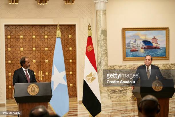 Egyptian President Abdel Fattah el-Sisi and the Somalian President Hassan Sheikh Mohamud speak during a joint press conference in Cairo, Egypt on...