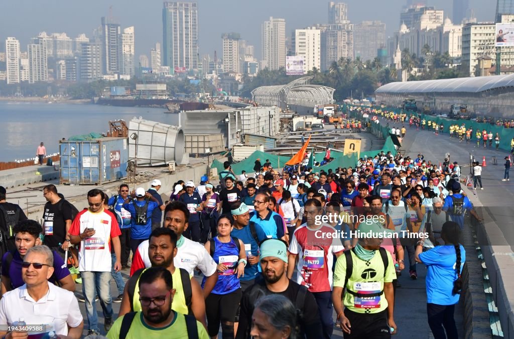 Participants run during the TATA Mumbai Marathon 2025, on January 21