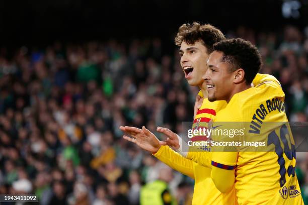 Joao Felix of FC Barcelona celebrates 2-3 with Vitor Roque of FC Barcelona during the LaLiga EA Sports match between Real Betis Sevilla v FC...