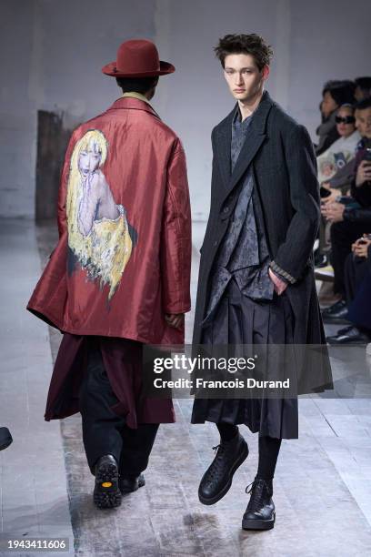 Model walks the runway during the Yohji Yamamoto Menswear Fall/Winter 2024-2025 show as part of Paris Fashion Week on January 18, 2024 in Paris,...