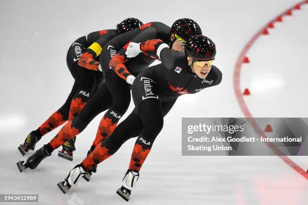 Ivanie Blondin, Isabelle Weidemann, Valerie Maltais of Canada compete in the women's team pursuit during the ISU Four Continents Speed Skating...