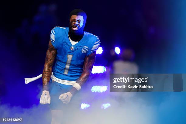 Cameron Sutton of the Detroit Lions runs onto the field prior to an NFL divisional round playoff football game against the Tampa Bay Buccaneers at...