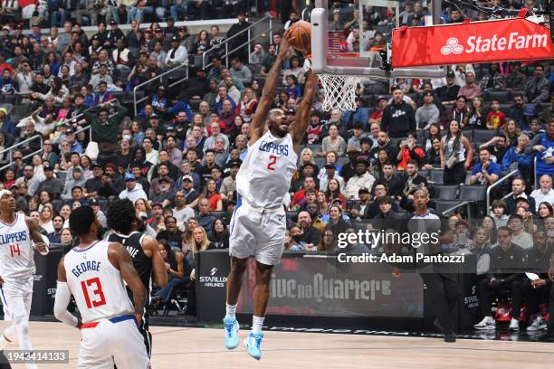 Kawhi Leonard of the LA Clippers dunks the ball during the game against the Brooklyn Nets on January 21, 2024 at Crypto.Com Arena in Los Angeles,...
