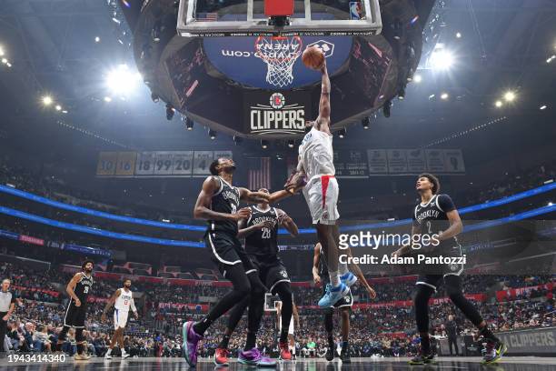 Kawhi Leonard of the LA Clippers dunks the ball during the game against the Brooklyn Nets on January 21, 2024 at Crypto.Com Arena in Los Angeles,...