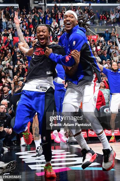 Terance Mann and Bones Hyland of the LA Clippers celebrate during the game against the Brooklyn Nets on January 21, 2024 at Crypto.Com Arena in Los...