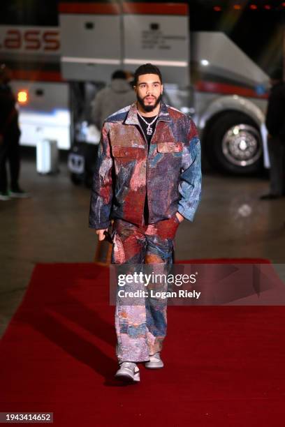 Jayson Tatum of the Boston Celtics arrives to the arena before the game against the Houston Rockets on January 21, 2024 at the Toyota Center in...