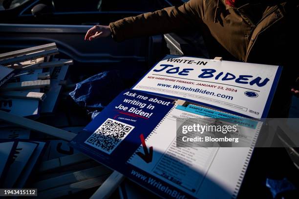 Campaign signs during a Write-In Joe Biden campaign "Get Out The Vote" event in Dover, New Hampshire, US, on Sunday, Jan. 21, 2024. The Democratic...