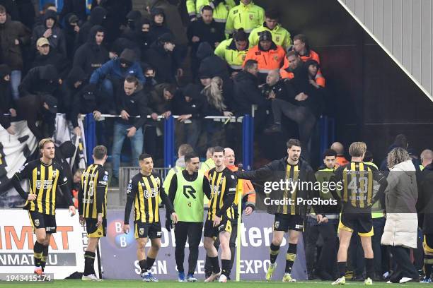 GelreDome, football, Dutch Eredivisie, season 2023 / 2024, Vitesse - Feyenoord, supporters Vitesse on the pitchARNHEM, , GelreDome, football, Dutch...