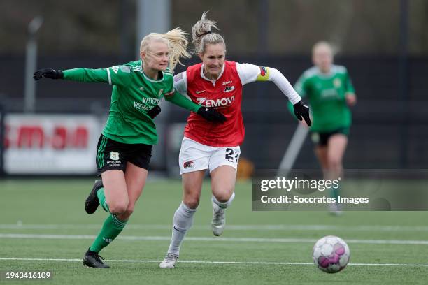 Kely Pruim of PEC Zwolle Women, Desiree van Lunteren of AZ Alkmaar Women during the Dutch Eredivisie Women match between AZ Alkmaar Women v PEC...