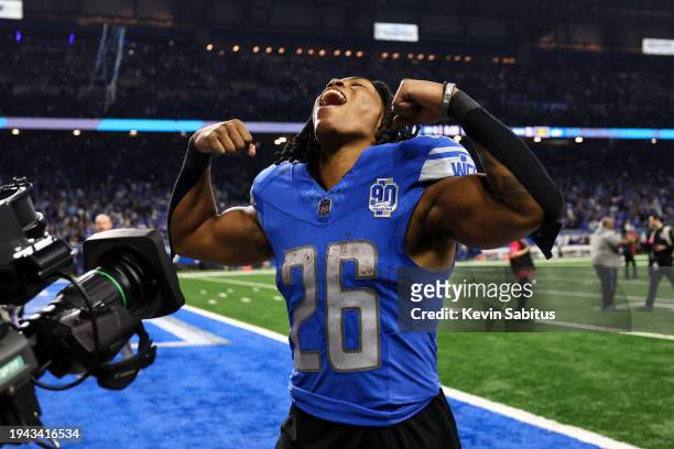 Jahmyr Gibbs of the Detroit Lions celebrates while walking to the tunnel after an NFL divisional round playoff football game against the Tampa Bay...