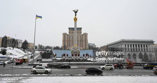 General view of Independence Square and the Independence Monument is seen at the center of Kyiv, Ukraine, on January 21 amid Russia's invasion of...