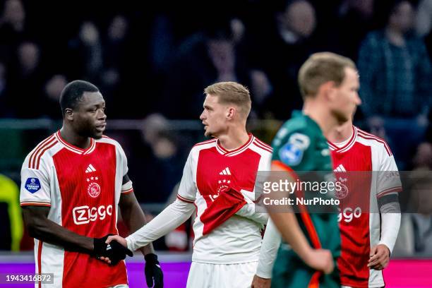 Ajax players Brian Brobbey and Kenneth Taylor are playing during the match between Ajax and RKC at the Johan Cruijff ArenA for the Dutch Eredivisie...