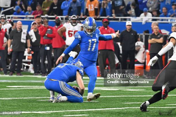 Detroit Lions place kicker Michael Badgley kicks an extra point during the NFC Divisional playoff game between the Detroit Lions and the Tampa Bay...