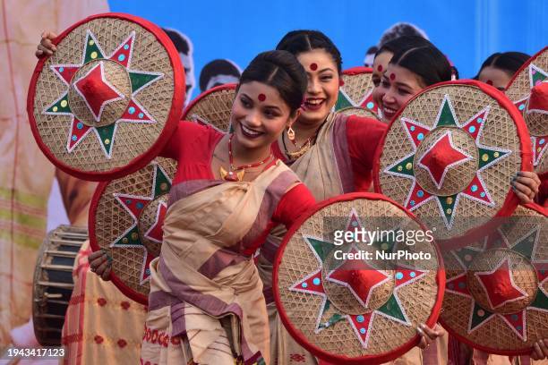 Girls are performing a traditional Assamese bihu dance during the ''Bharat Jodo Nyay Yatra'' in Nagaon district, Assam, India, on January 21, 2024.