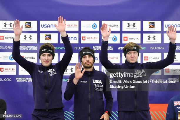 Casey Dawson, Emery Lehman and Ethan Cepuran of the United States stand on the podium after the men's team pursuit during the ISU Four Continents...