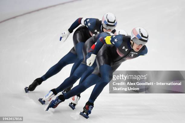 Ethan Cepuran, Emery Lehman and Casey Dawson of the United States compete in the men's team pursuit during the ISU Four Continents Speed Skating...
