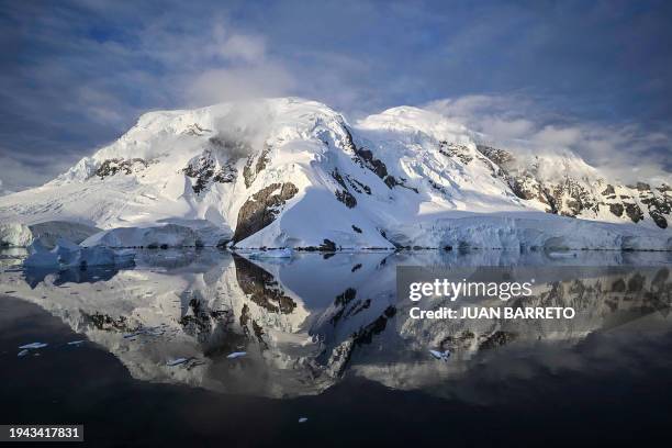 View of a landscape in the Neumayer Channel at the Palmer Archipelago from the Antarctic Peninsula, on January 20, 2024. Scientists and researchers...