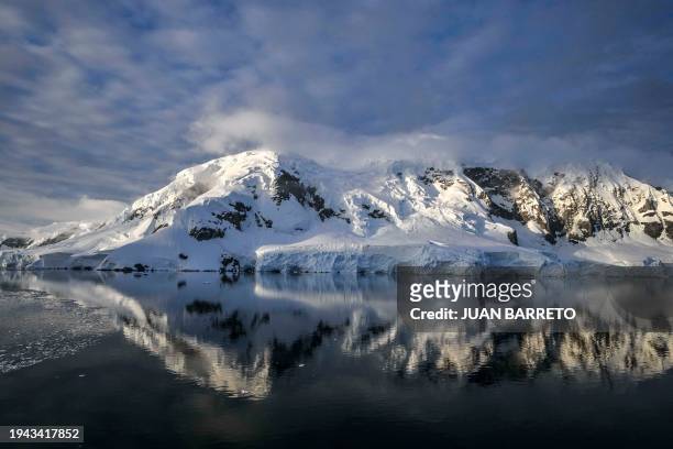 View of a landscape in the Neumayer Channel at the Palmer Archipelago from the Antarctic Peninsula, on January 20, 2024. Scientists and researchers...