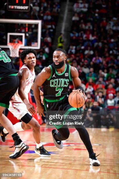 Jaylen Brown of the Boston Celtics drives to the basket during the game against the Houston Rockets on January 21, 2024 at the Toyota Center in...