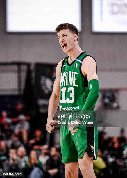 January 21: Drew Peterson of the Maine Celtics celebrates during the game against the Sioux Falls Skyforce on January 21, 2024 at Portland Expo...