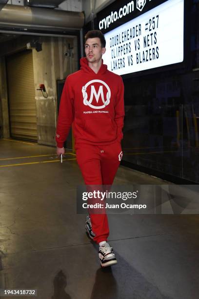 Colin Castleton of the Los Angeles Lakers arrives to the arena before the game on January 21, 2024 at Crypto.Com Arena in Los Angeles, California....