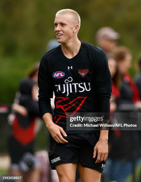 Nate Caddy of the Bombers in action during the Essendon Bombers training session at the NEC Hangar on January 22, 2024 in Melbourne, Australia.