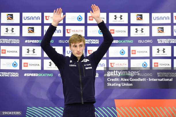 Gold medalist Jordan Stolz of the United States stands on the podium after the men's 1000 meter final during the ISU Four Continents Speed Skating...