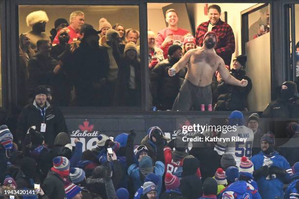 Jason Kelce of the Philadelphia Eagles celebrates after the Kansas City Chiefs score a touchdown during the first half of the AFC Divisional Playoff...