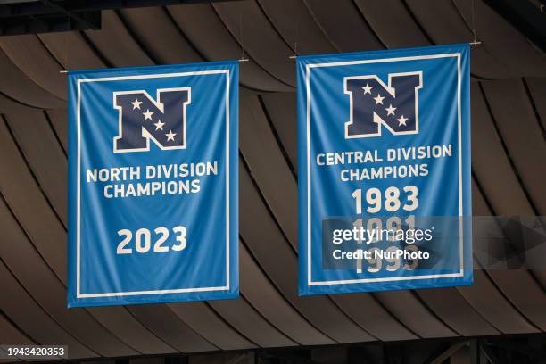 The banner for the North Division Champions of 2023 is displayed in the rafters of Ford Field during the first half of the NFC Divisional Round...