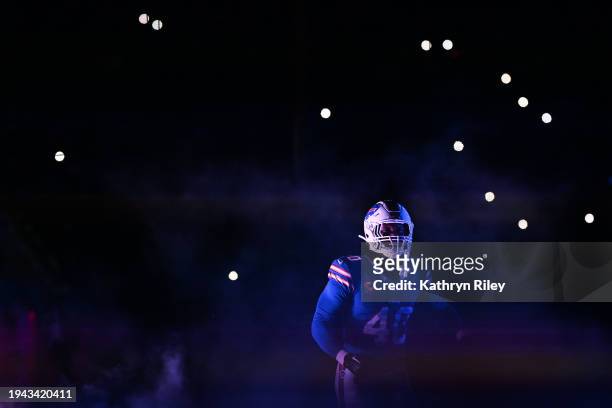 Von Miller of the Buffalo Bills runs onto the field prior to the start of the AFC Divisional Playoff game against the Kansas City Chiefs at Highmark...