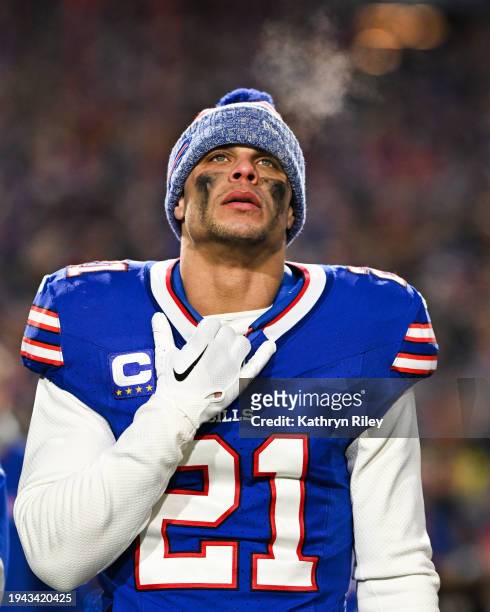 Jordan Poyer of the Buffalo Bills stands on the field prior to the start of the AFC Divisional Playoff game against the Kansas City Chiefs at...