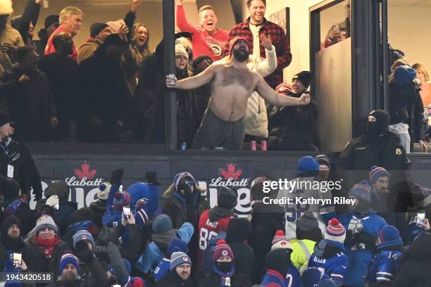 Jason Kelce of the Philadelphia Eagles celebrates after the Kansas City Chiefs score a touchdown during the first half of the AFC Divisional Playoff...