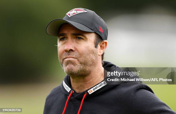 Brad Scott, Senior Coach of the Bombers in action during the Essendon Bombers training session at the NEC Hangar on January 22, 2024 in Melbourne,...