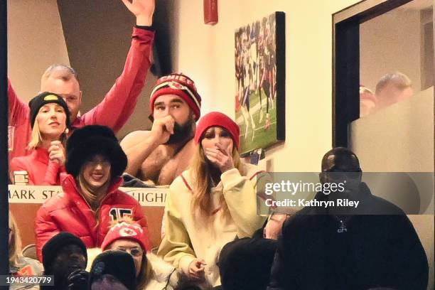 Brittany Mahomes, Jason Kelce, and Taylor Swift react during the second half of the AFC Divisional Playoff game between the Kansas City Chiefs and...