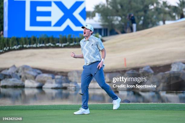 Nick Dunlap reacts to sinking his par putt on 18 to win The American Express tournament at PGA West, Dye Stadium Course on January 21, 2024 in La...