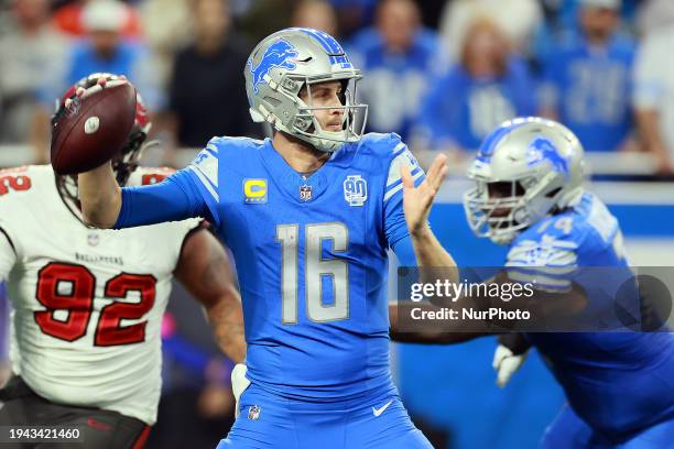 Detroit Lions quarterback Jared Goff throws the ball during an NFC Divisional Playoff game between the Detroit Lions and the Tampa Bay Buccaneers in...