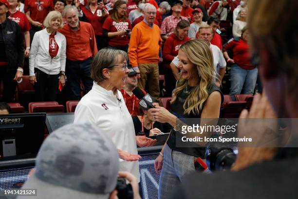 Stanford Cardinal Head Coach Tara VanDerveer gets interviewed by Pac-12 Network host Ashley Adamson after becoming the all time winningest NCAA...