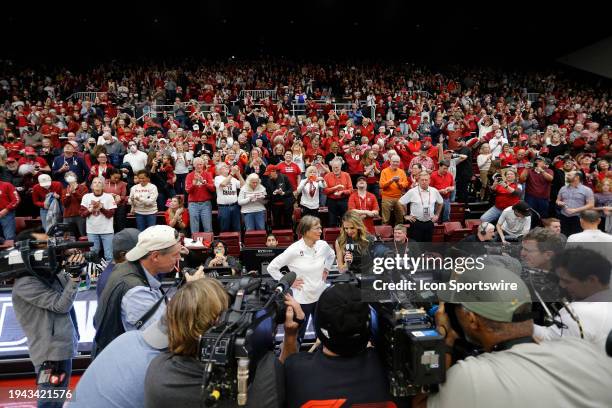 Stanford Cardinal Head Coach Tara VanDerveer gets interviewed by Pac-12 Network host Ashley Adamson after becoming the all time winningest NCAA...