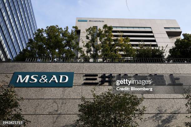 Signage outside the Mitsui Sumitomo Insurance Co. Head office in Tokyo, Japan, on Friday, Jan. 19, 2024. Insurance claims from the powerful...