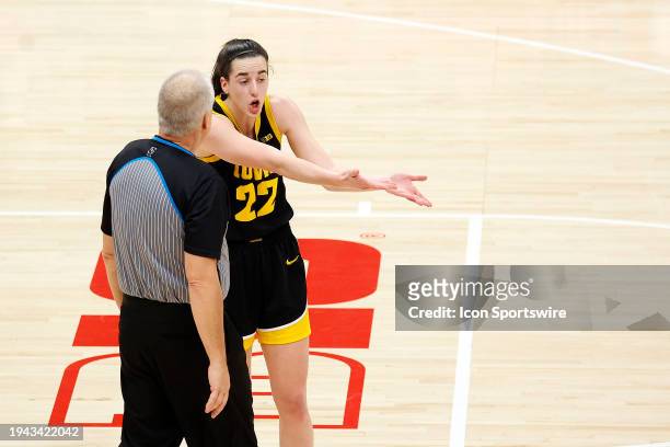 Iowa Hawkeyes guard Caitlin Clark questions a referees call during a game against the Ohio State Buckeyes on January 21 at Value City Arena in...