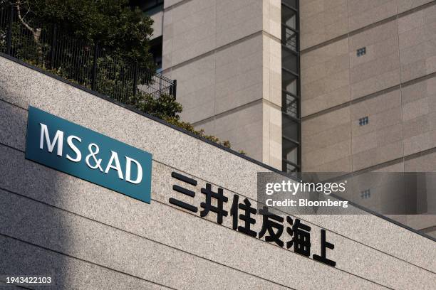 Signage outside the Mitsui Sumitomo Insurance Co. Head office in Tokyo, Japan, on Friday, Jan. 19, 2024. Insurance claims from the powerful...