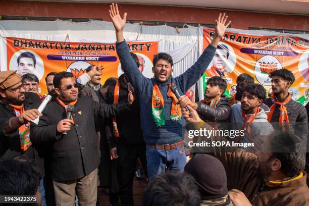 Leader of India's ruling Bharatiya Janata Party gestures during a party workers convention in Chadoora Budgam, north-east of Srinagar, ahead of...