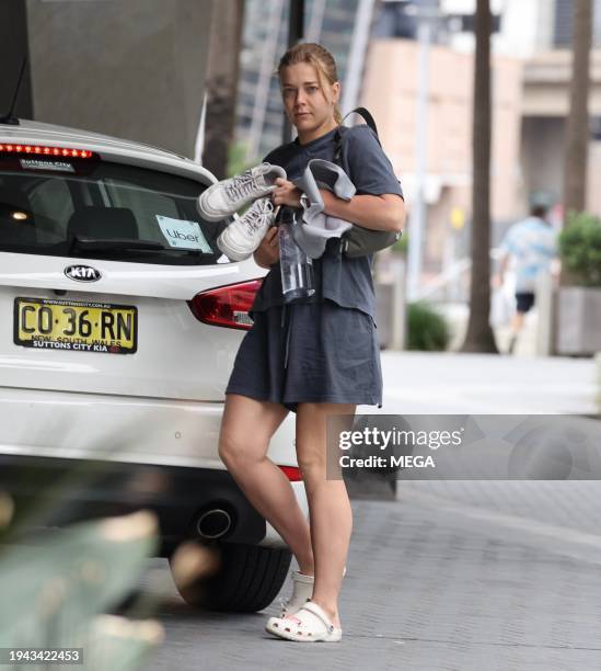 Becky Hill is seen leaving day spa in on January 20, 2024 in Sydney, Australia.