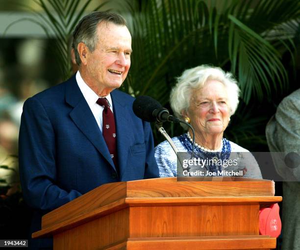 Former U.S. President George H.W. Bush and former first lady Barbara Bush attend a portrait unveiling at the George Bush Library April 21, 2003 in...