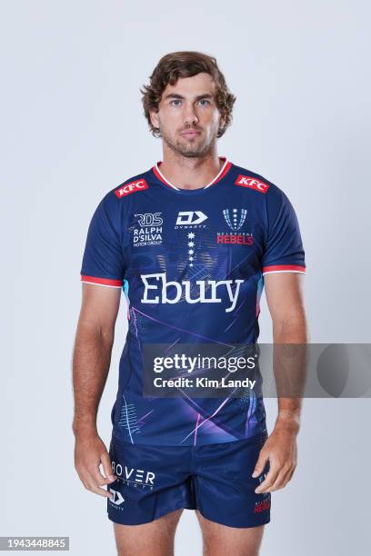 Jack Strachan during a Melbourne Rebels 2024 Super Rugby Headshots Session on January 17, 2024 in Melbourne, Australia.