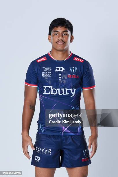 Stuart Taii Tualima during a Melbourne Rebels 2024 Super Rugby Headshots Session on January 17, 2024 in Melbourne, Australia.
