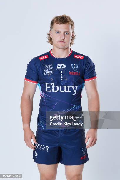 Wyatt Ballenger during a Melbourne Rebels 2024 Super Rugby Headshots Session on January 17, 2024 in Melbourne, Australia.
